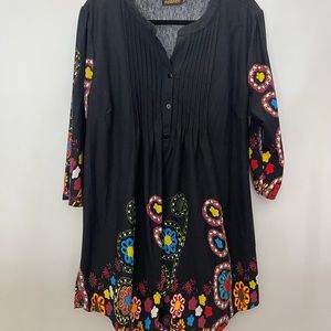 Black Long Blouse with Floral Design XL